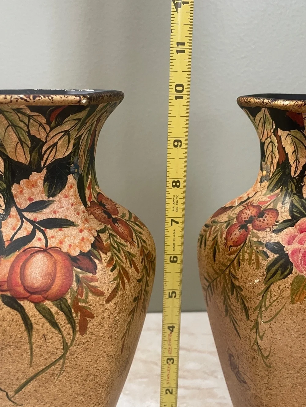 Vintage Nantucket Ceramic Vase Pair | Hand Painted Floral Butterfly